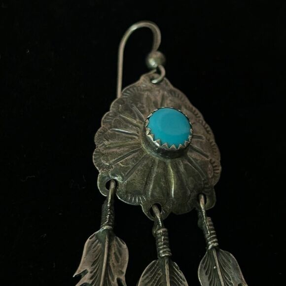 3" LONG Vintage Navajo Sterling Silver Turquoise CONCHO Feather Dangle Earrings - Picture 4 of 6